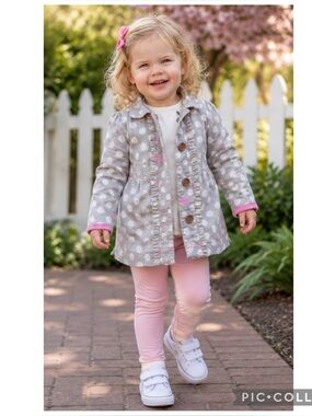 Genuine Kids OshKosh Girls 3T Gray Pink Polka Dot Ruffle Jacket Bow Back
